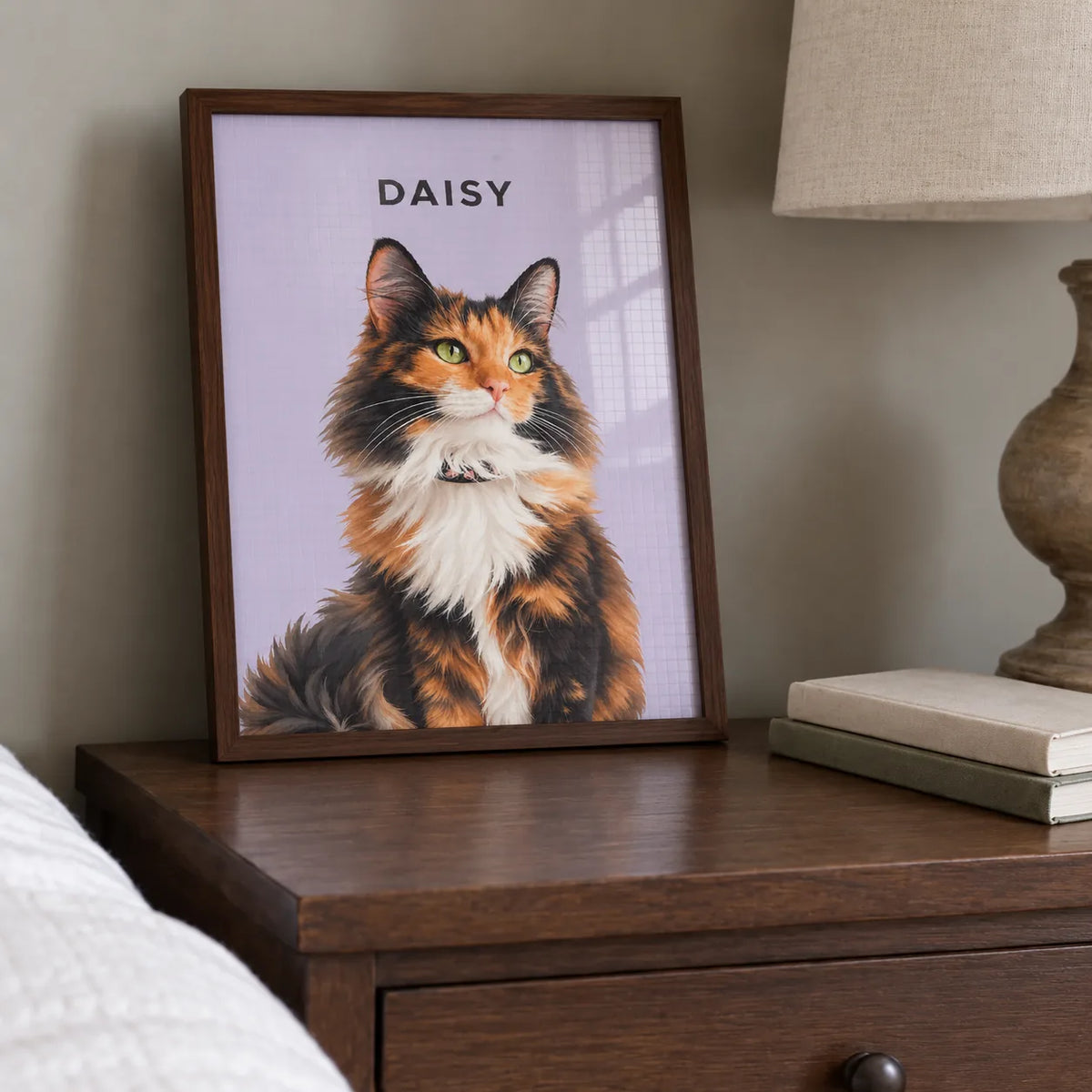 A framed portrait of a fluffy calico cat leans on a nightstand next to a lamp and books.