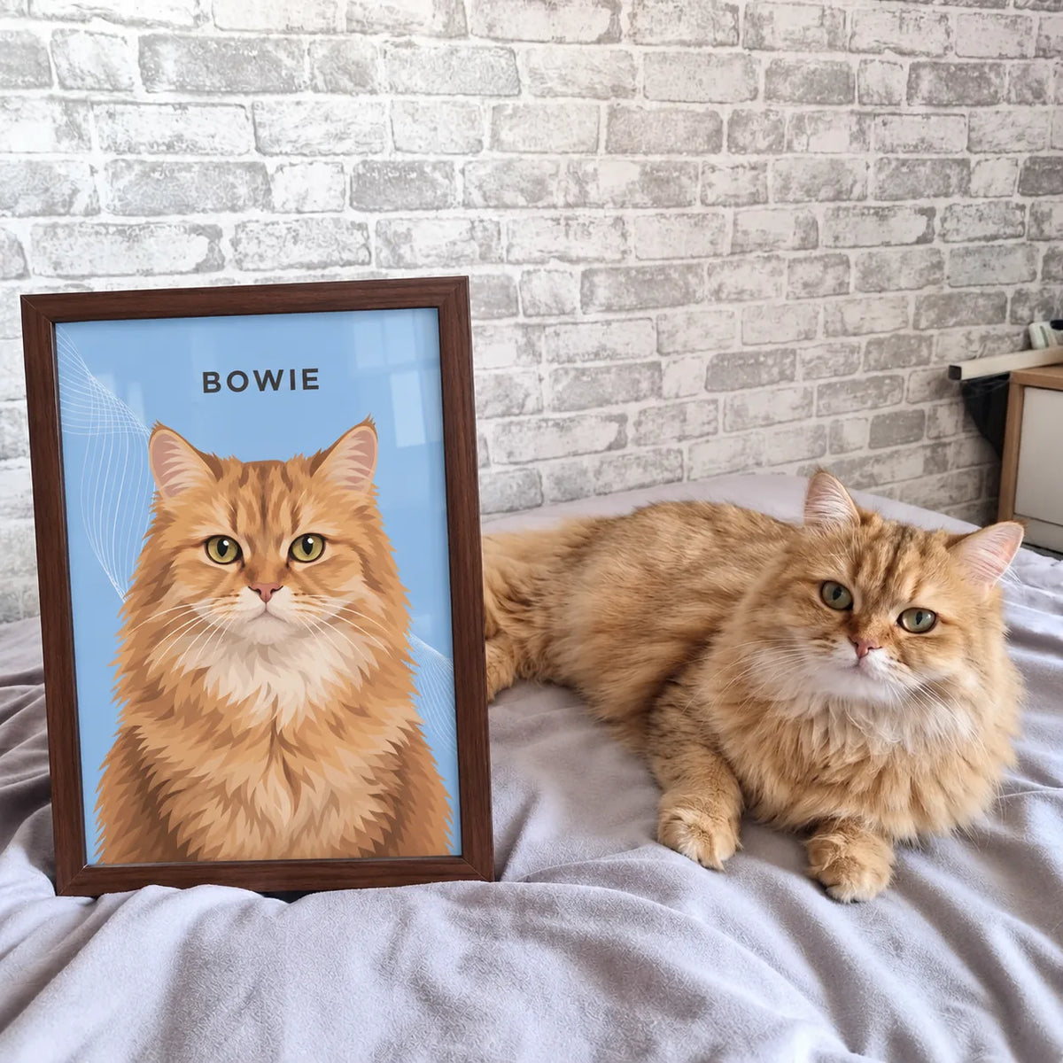 A framed portrait of an orange cat on a blue background sits on a bed next to the real cat.