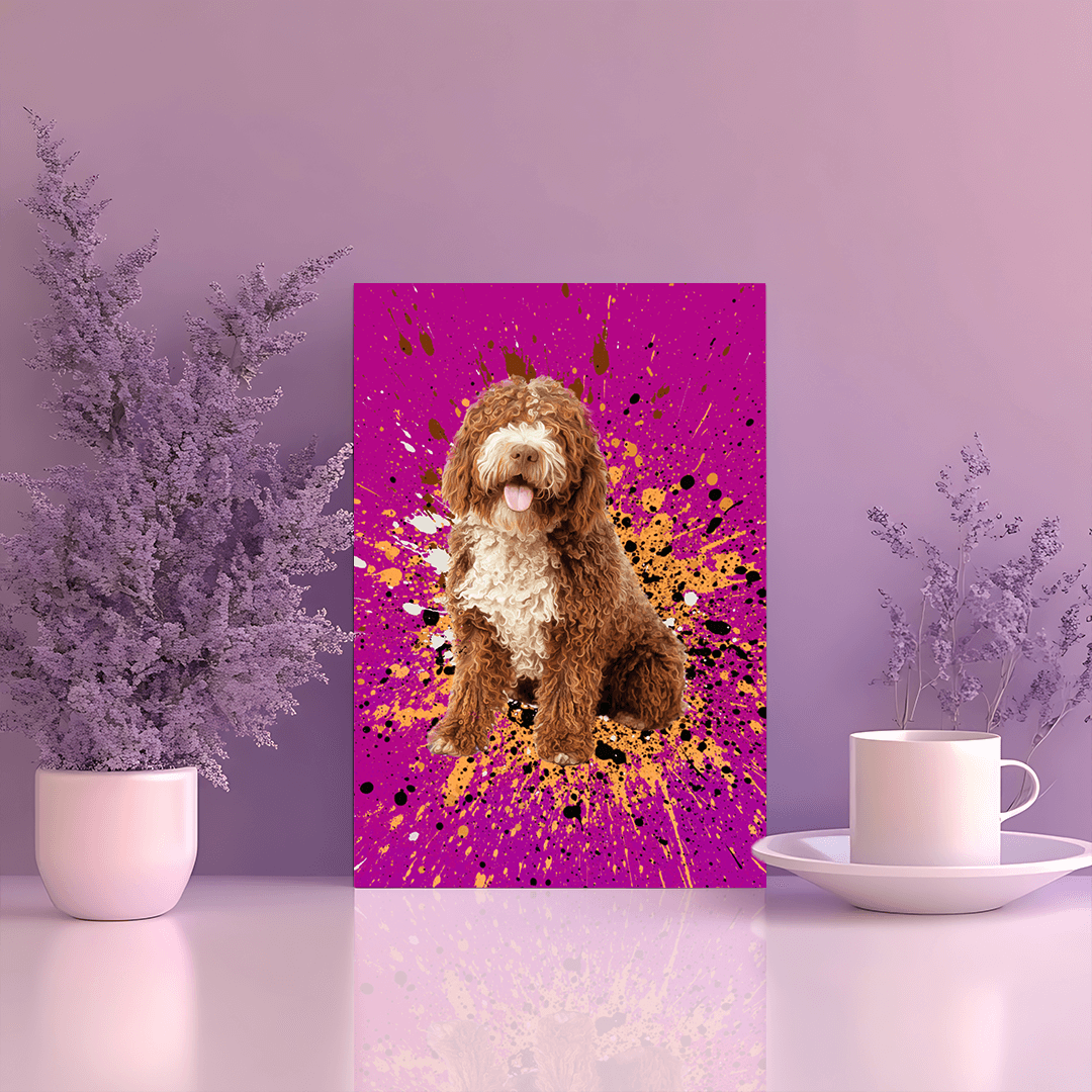 Personalized Pet Art - Splash Style — size comparison chart showing 8x10, 12x18, and 16x20 inch options