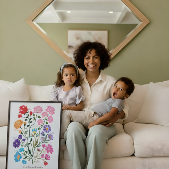 mother sitting on with her children and a framed illustrated family garden rests next to them 