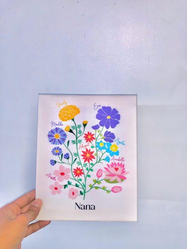 Hand holding a small canvas print titled "Nana" featuring colorful labeled flowers on a white background.