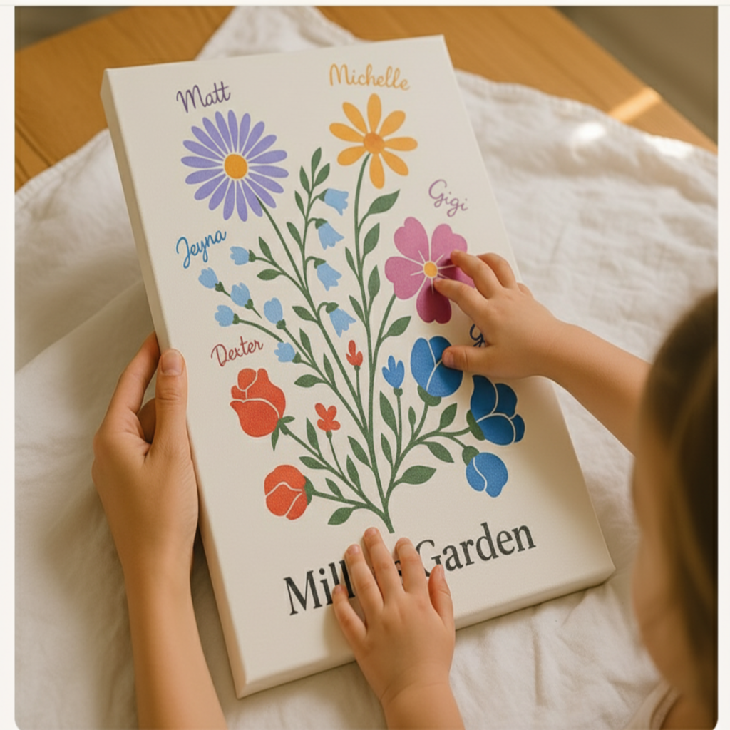 mom holding canvas while child's hands trace details of the illustrated  birth flower 