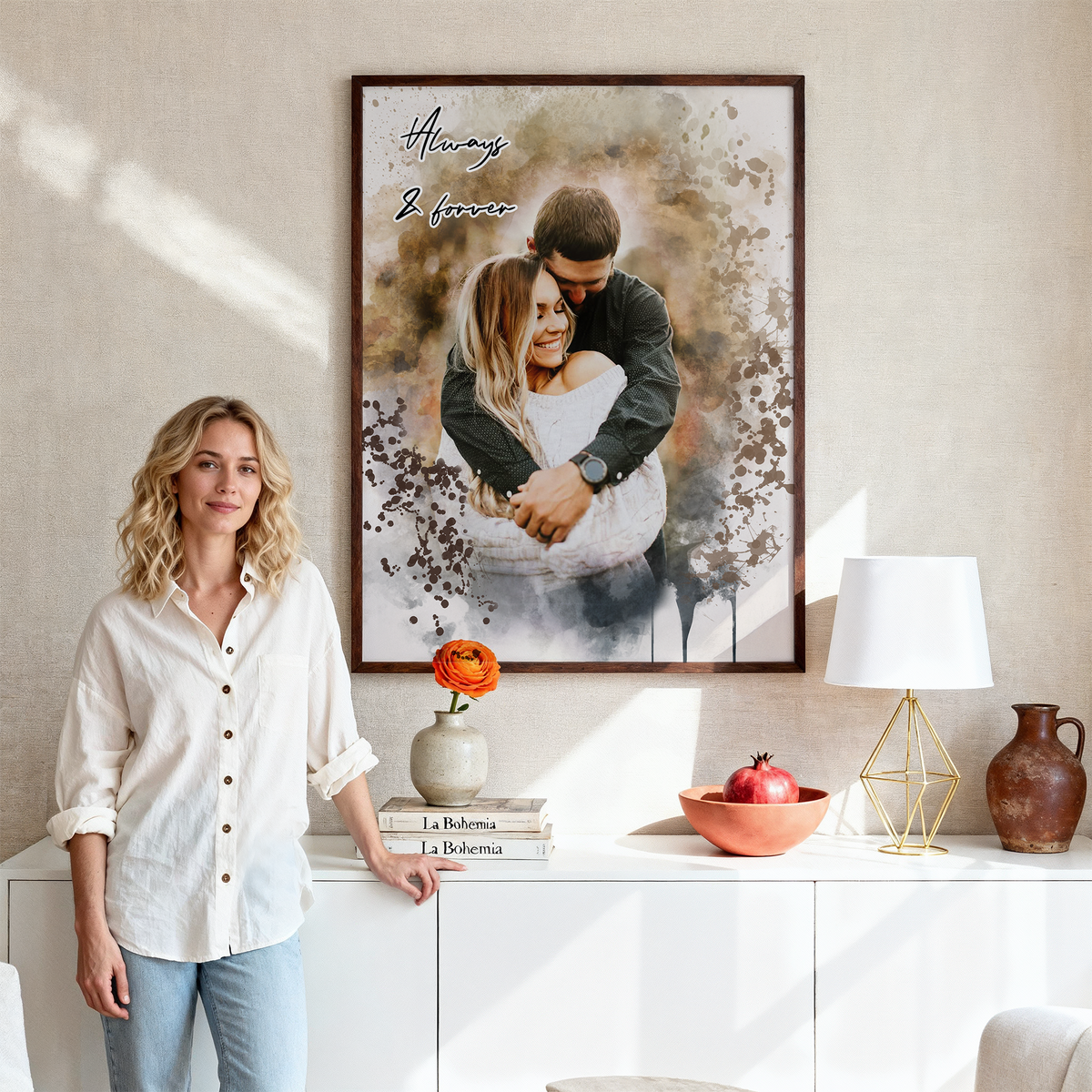 blonde woman standing in front of personalized watercolor couples portrait 