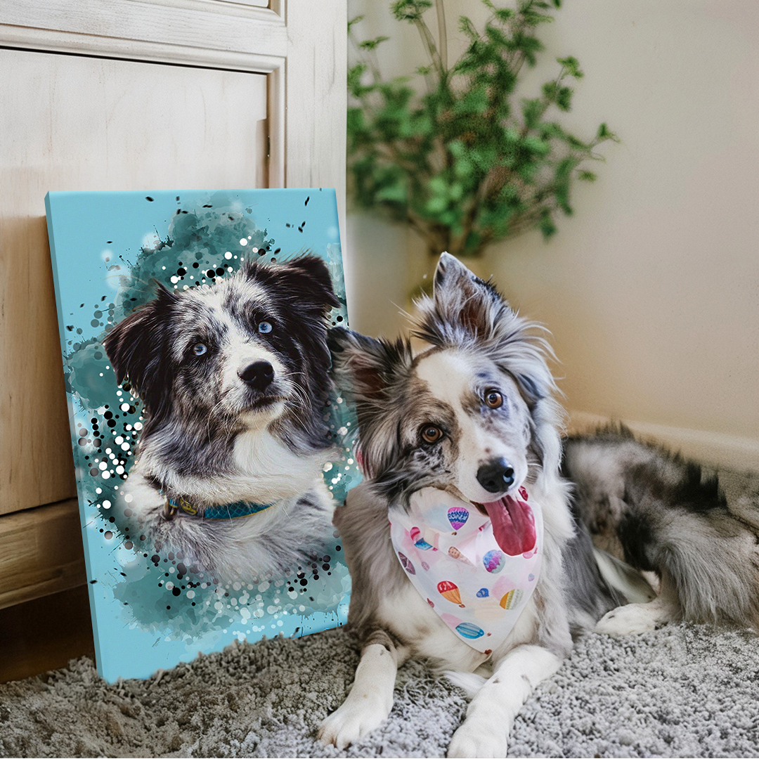 small breed dog sitting in front of a personalized portrait of itself