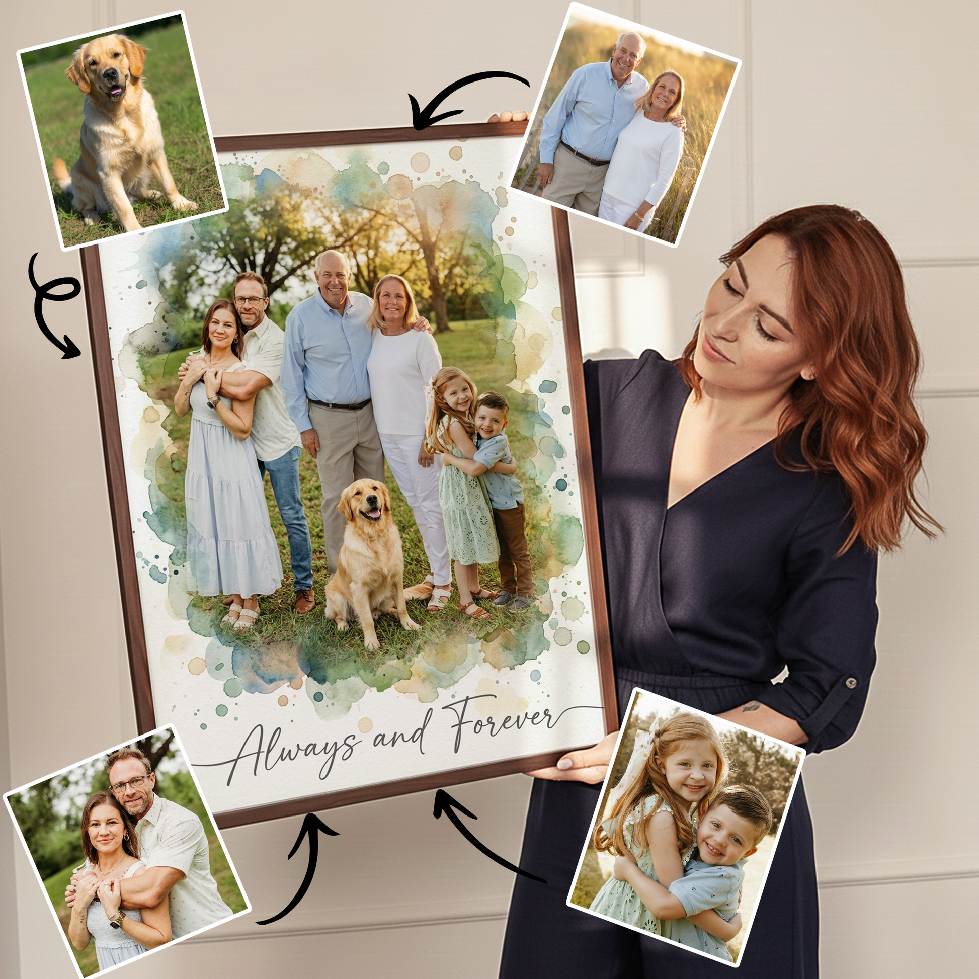 woman holding watercolor style family canvas with the words always and forever
