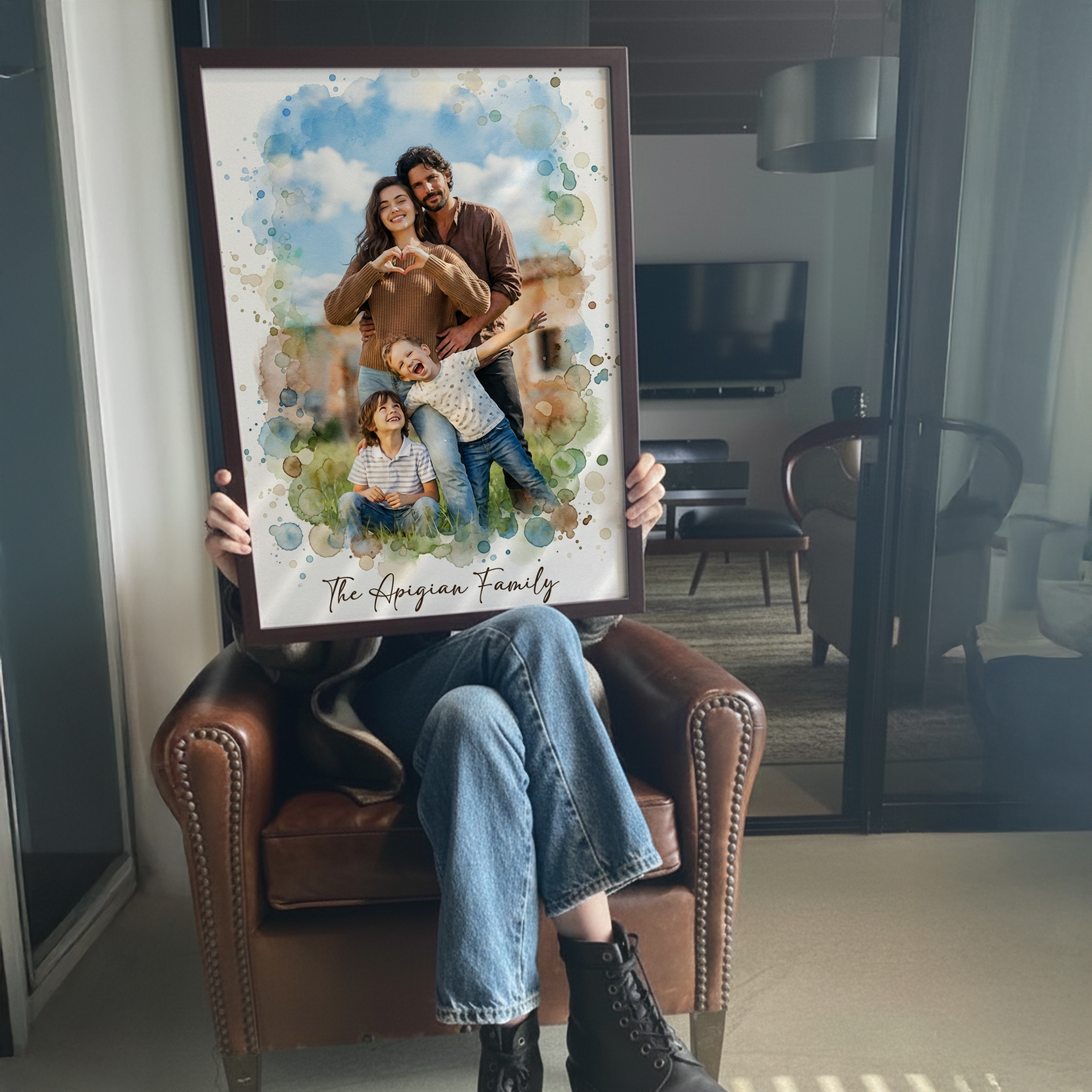 woman holding watercolor style merging family canvas with the words The Apigian Family 