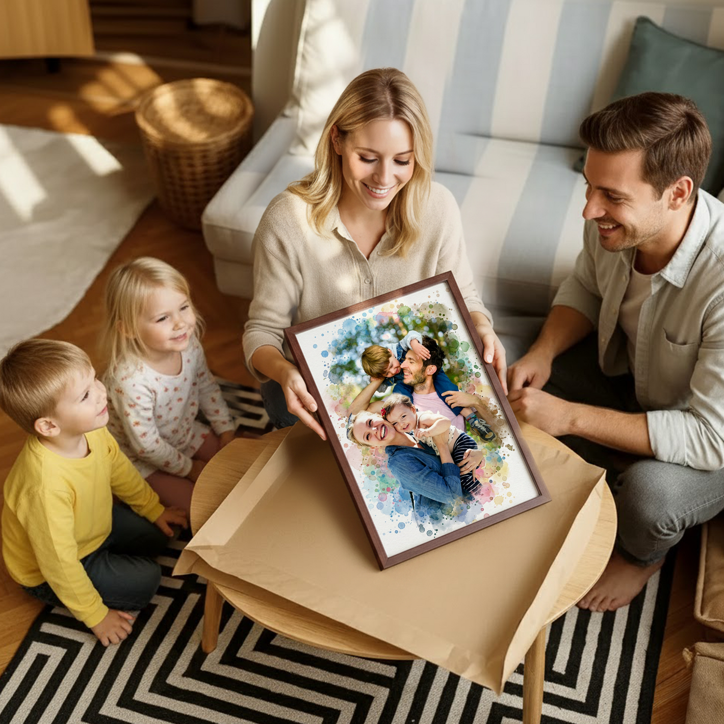 family unwrapping watercolor style merging family canvas 