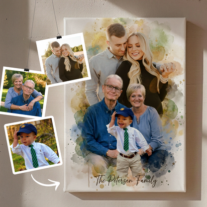 watercolor style merging family canvas with the photos on the side showing the people combined in portrait 