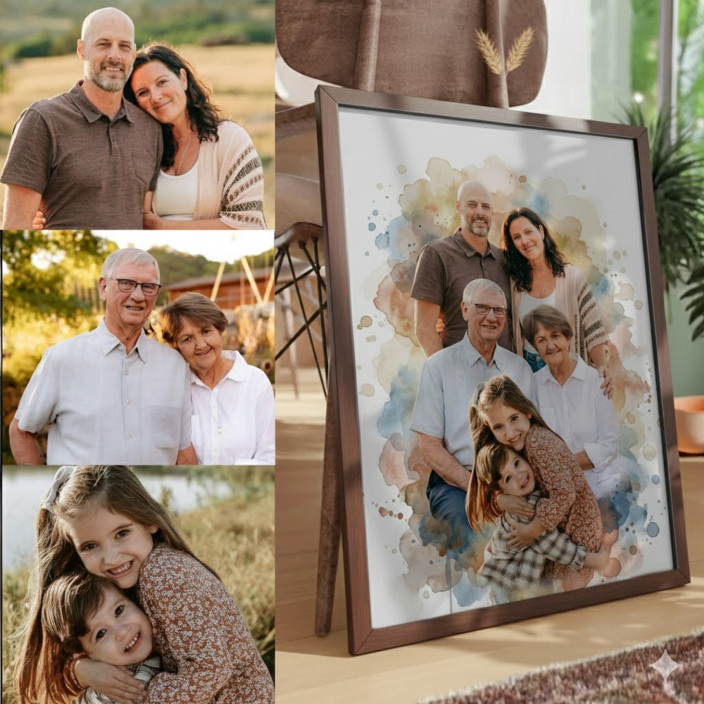 A high-angle flat lay photograph of a custom watercolor family portrait resting on a light-colored wood plank floor.