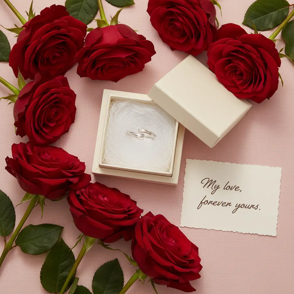 silver hug ring in white gift box surrounded by red roses and a note saying my love, forever yours