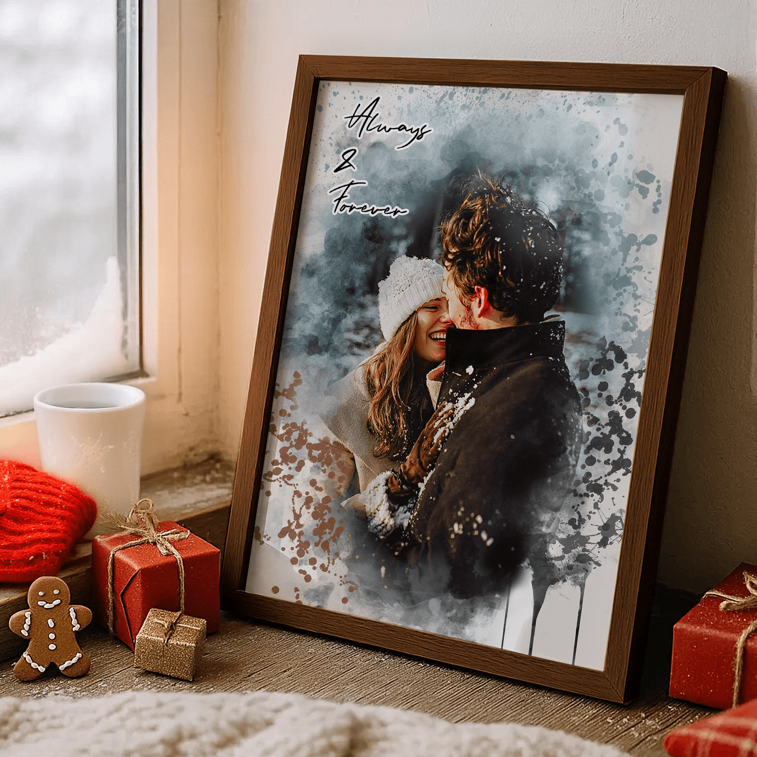 framed personalized couples portrait leaning against a wall with Christmas setting  