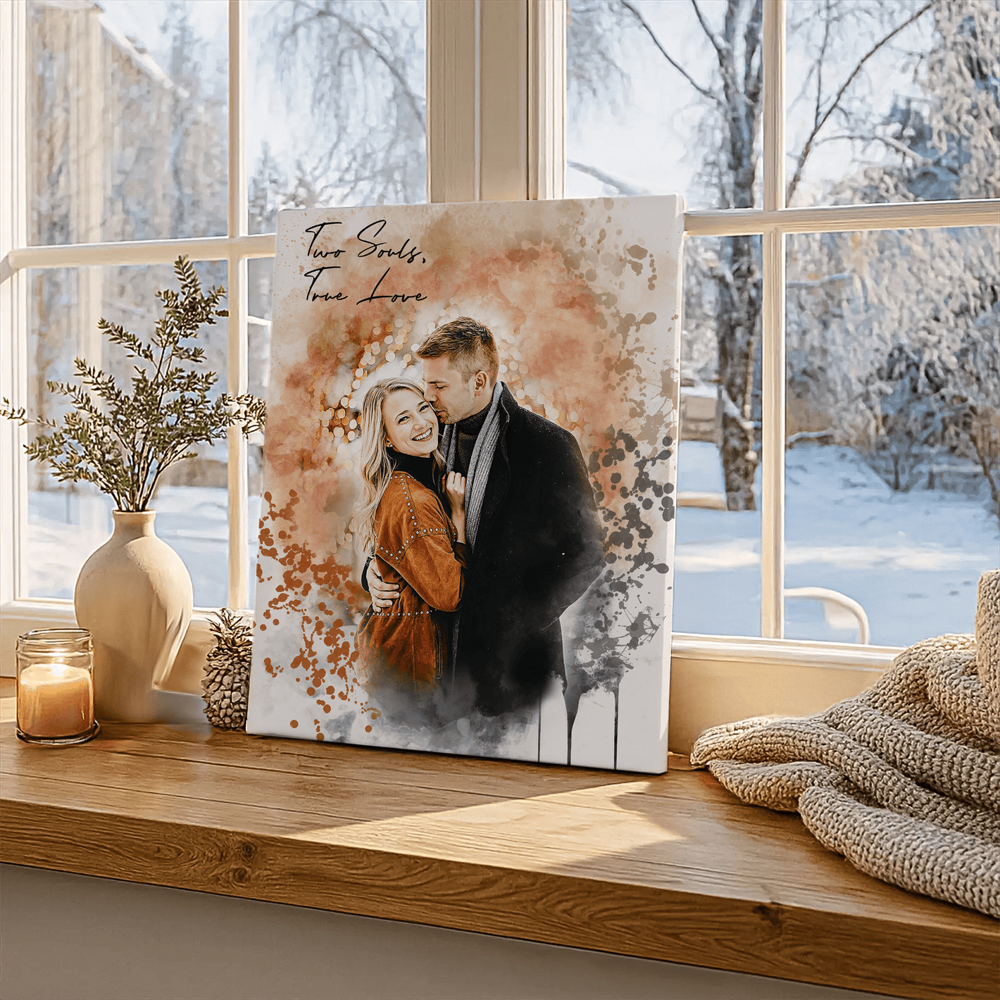 personalized couples portrait leaning against a window with a winter setting