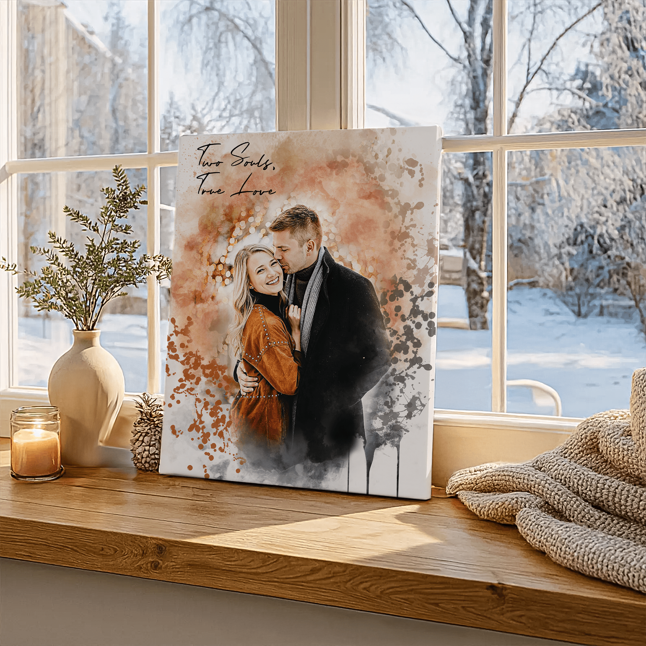 personalized couples portrait leaning against a window with a winter setting