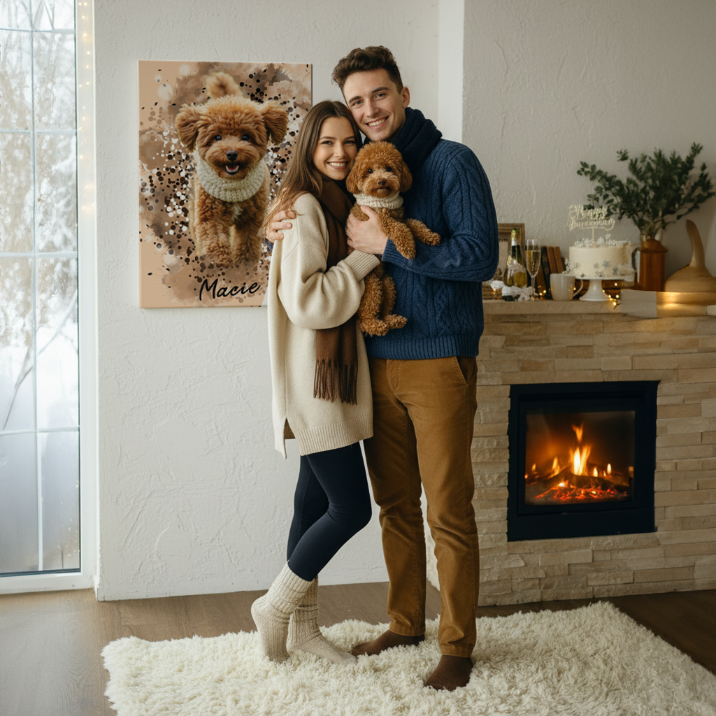 Couple cuddling their dog while standing next to canvas portrait of the dog 
