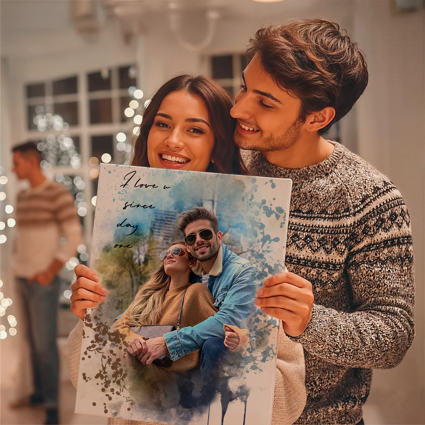 Couple holding watercolor portriat canvas