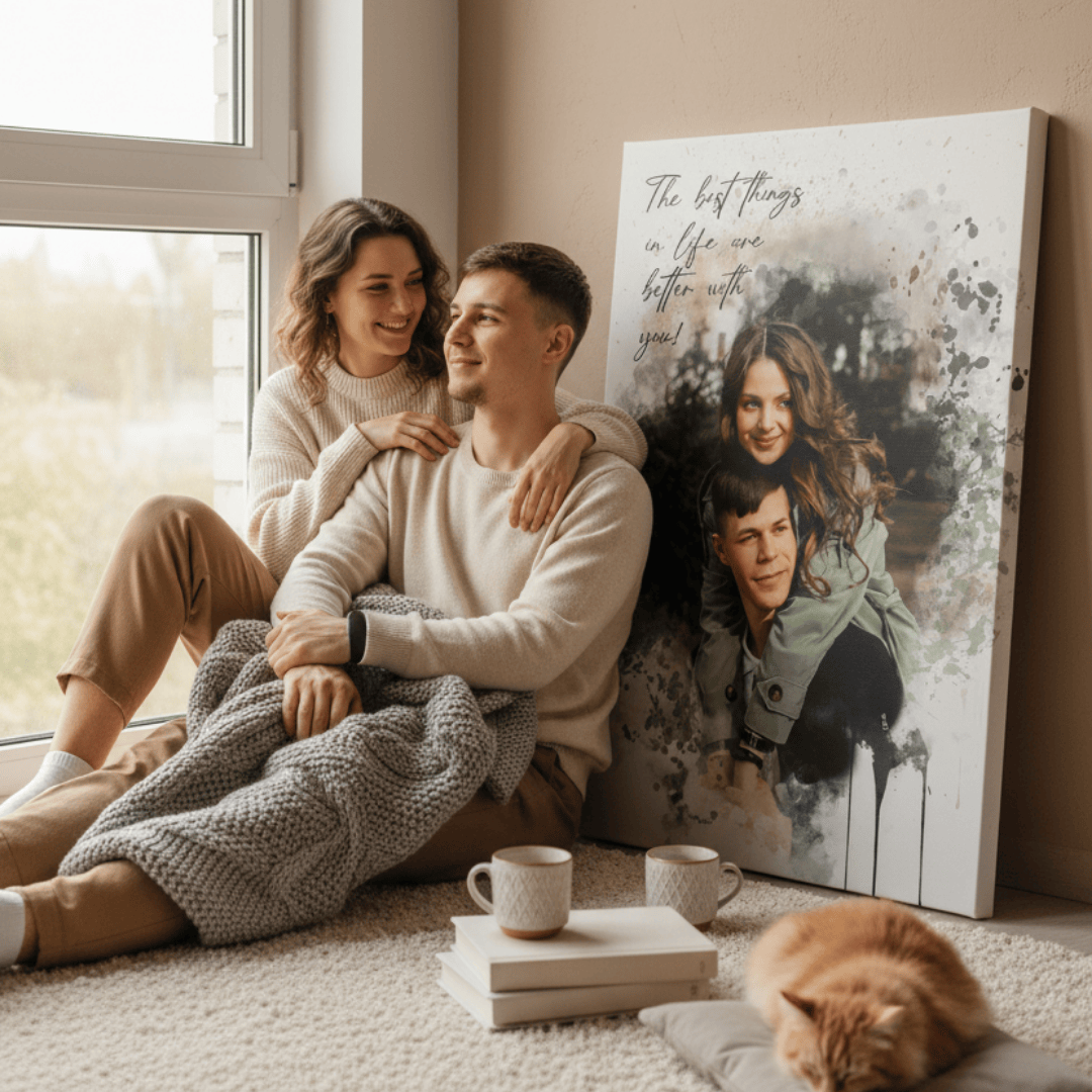 couple sitting next to a personalized couples canvas that is leaning against a wall 