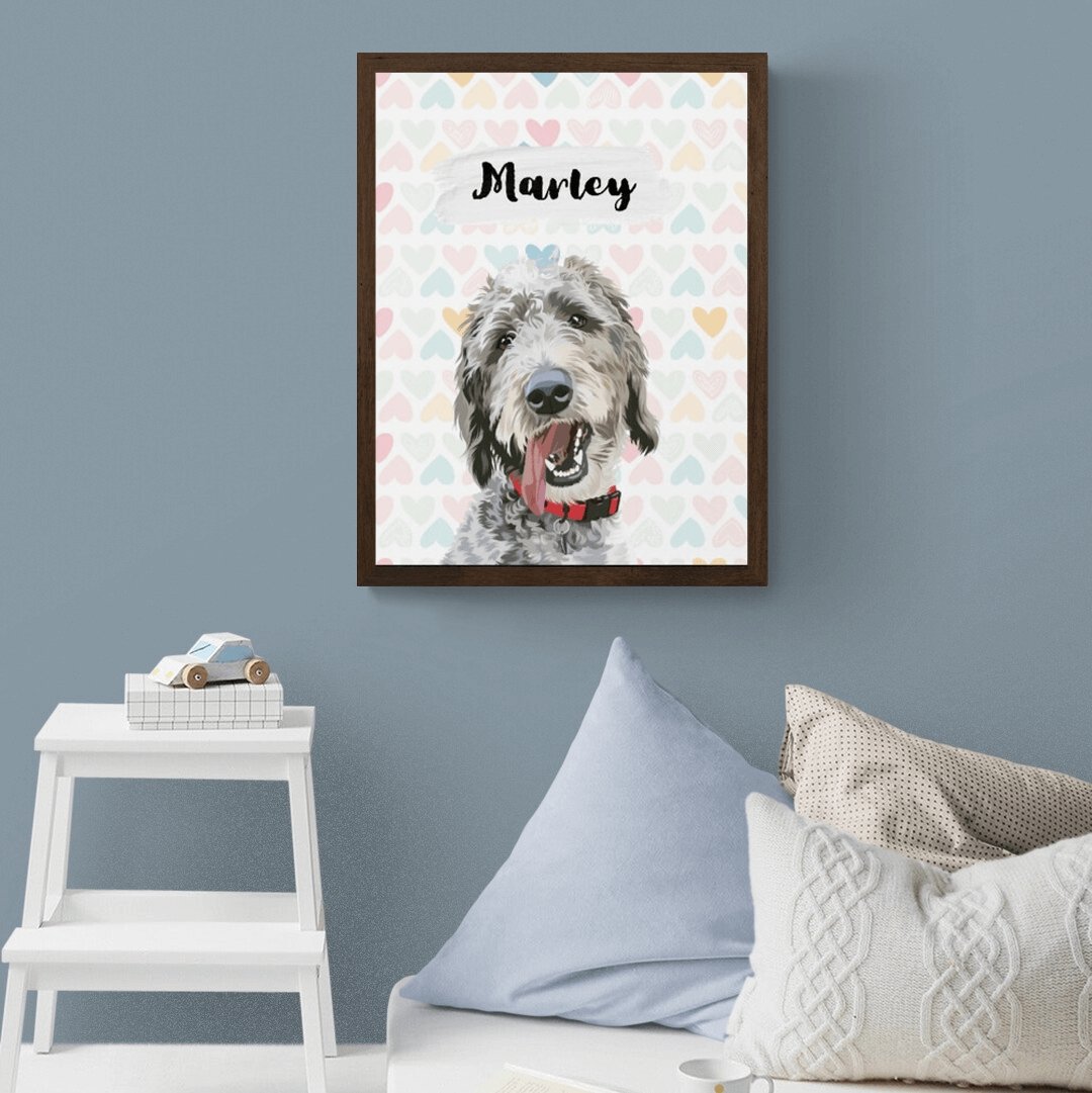 Illustrated Personalized Pet Portrait — example showing different background color options for pet portrait