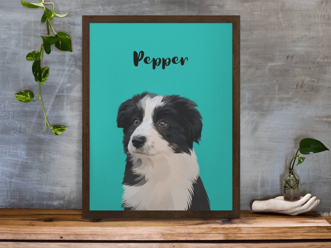 Illustrated Personalized Pet Portrait — canvas wall display in modern living room setting
